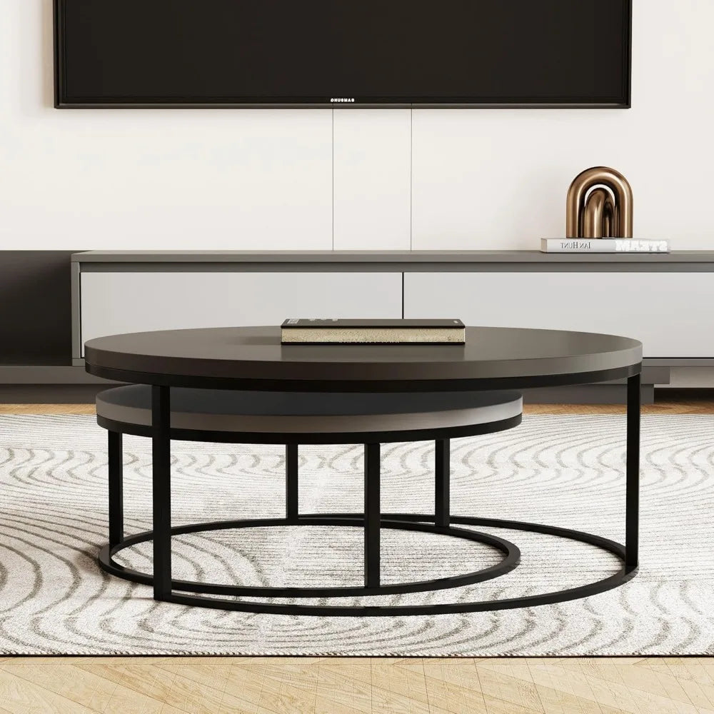 Modern Round Coffee Table Set, Nesting Cocktail Tables with Black Metal Legs, Dark Gray/Light Gray, Easy Assembly