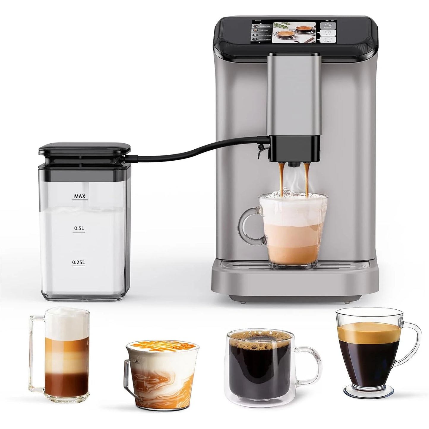 TFT Touch Screen Automatic Espresso Machine, 20 Bar Coffee Machine With Grinder, Espresso Maker With Automatic Milk Frother