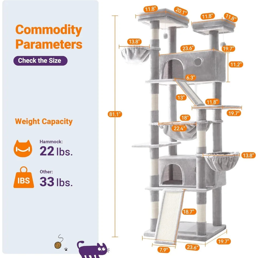 81 Inches Tall Cat Tree/Multi-Level Large Climbing Tree House and Towers for Big Feline/Condo and Hammock/Scratching Post