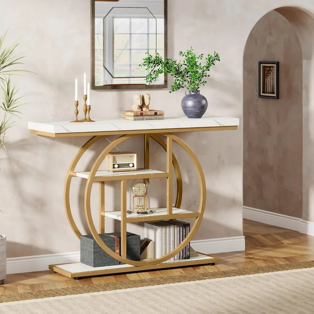 Console Table, Industrial 4-Tier Sofa Table Entryway Table with Circle Base, Narrow Wood Accent Tables with Storage Shelves