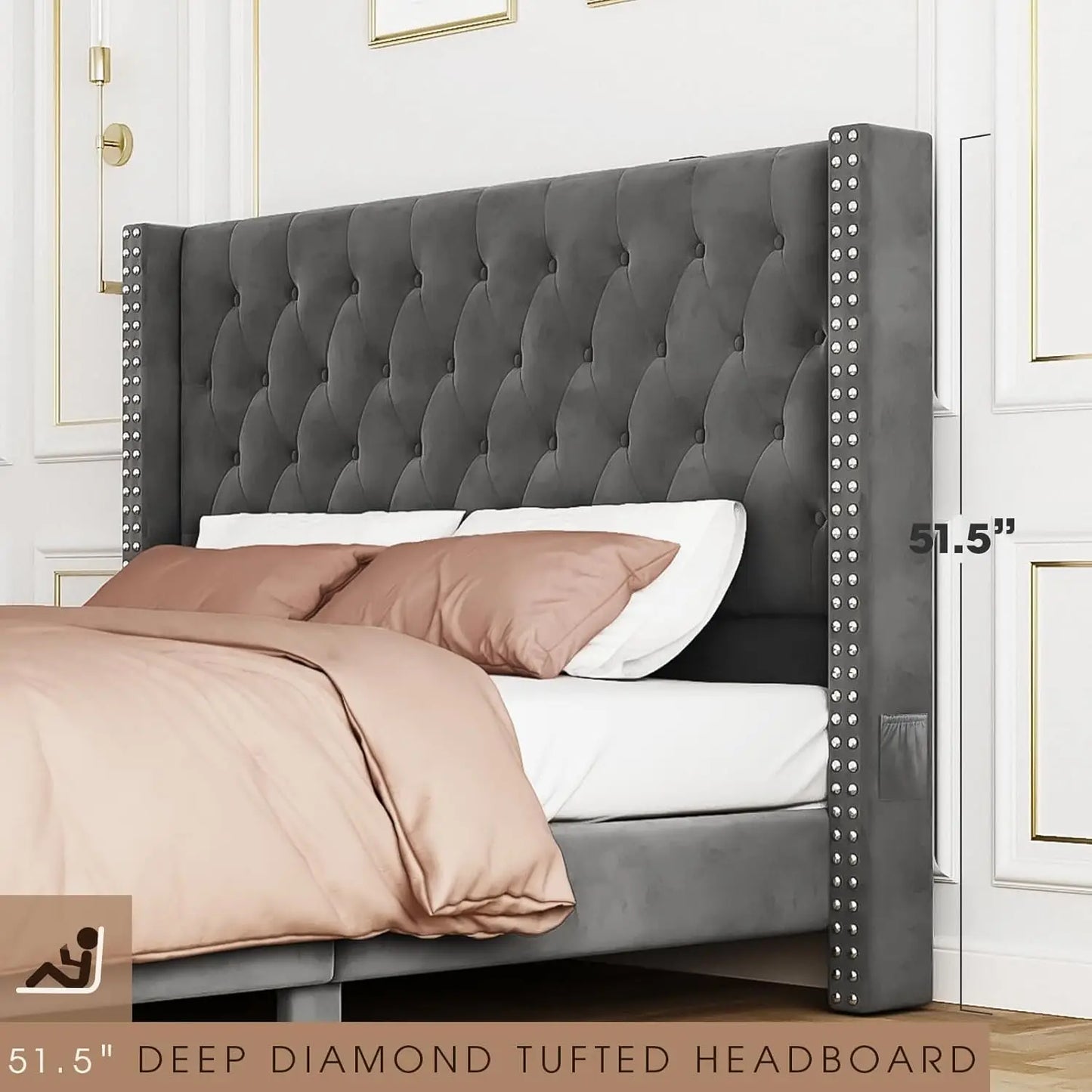 Upholstered Bed Frame Queen with Headboard and Storage, Velvet Tall Bed Frame with 2 Drawers, Tufted Wingback Bed Frame