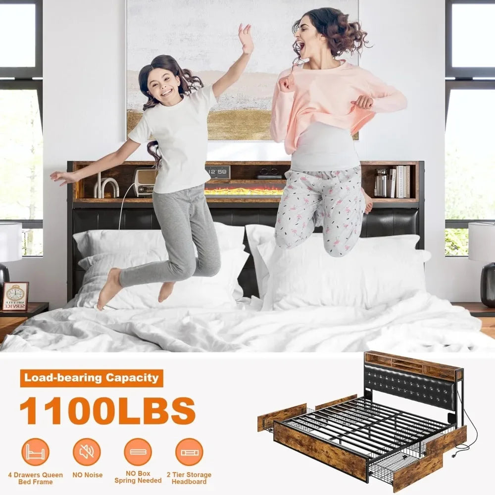 King Bed Frame with 4 Storage Drawers and Headboard, Bed Frame with Storage & Charging Station, No Box Spring Needed, Bed Frame