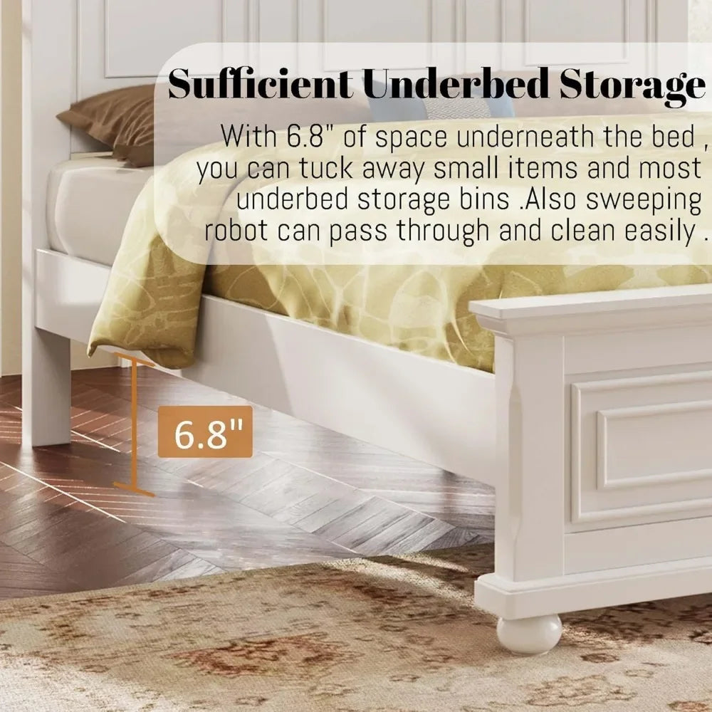 Queen Size Platform Bed with Tall Headboard  Footboard, Pinewood King Bed Frame with Wood Panel Bed Base,White,Bed Frames