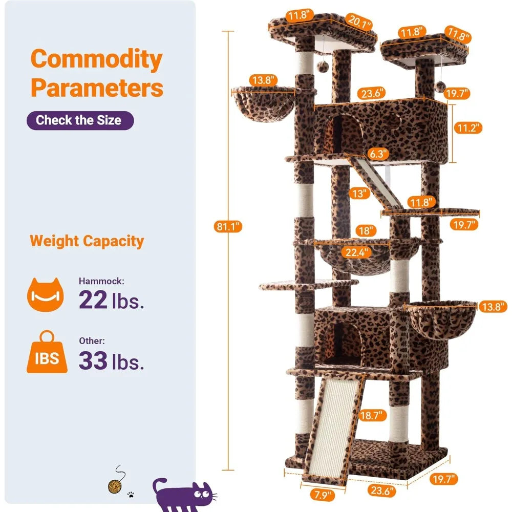 81 Inches Tall Cat Tree/Multi-Level Large Climbing Tree House and Towers for Big Feline/Condo and Hammock/Scratching Pos