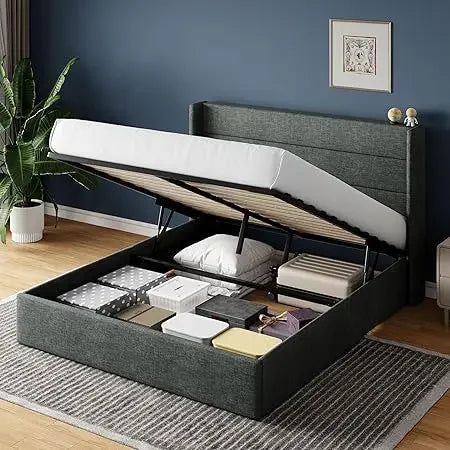 Queen Size Lift Up Storage Bed with Wingback Headboard,Velvet Upholstered Platform Bed Frame Noise-Free,Black,Bed Frames