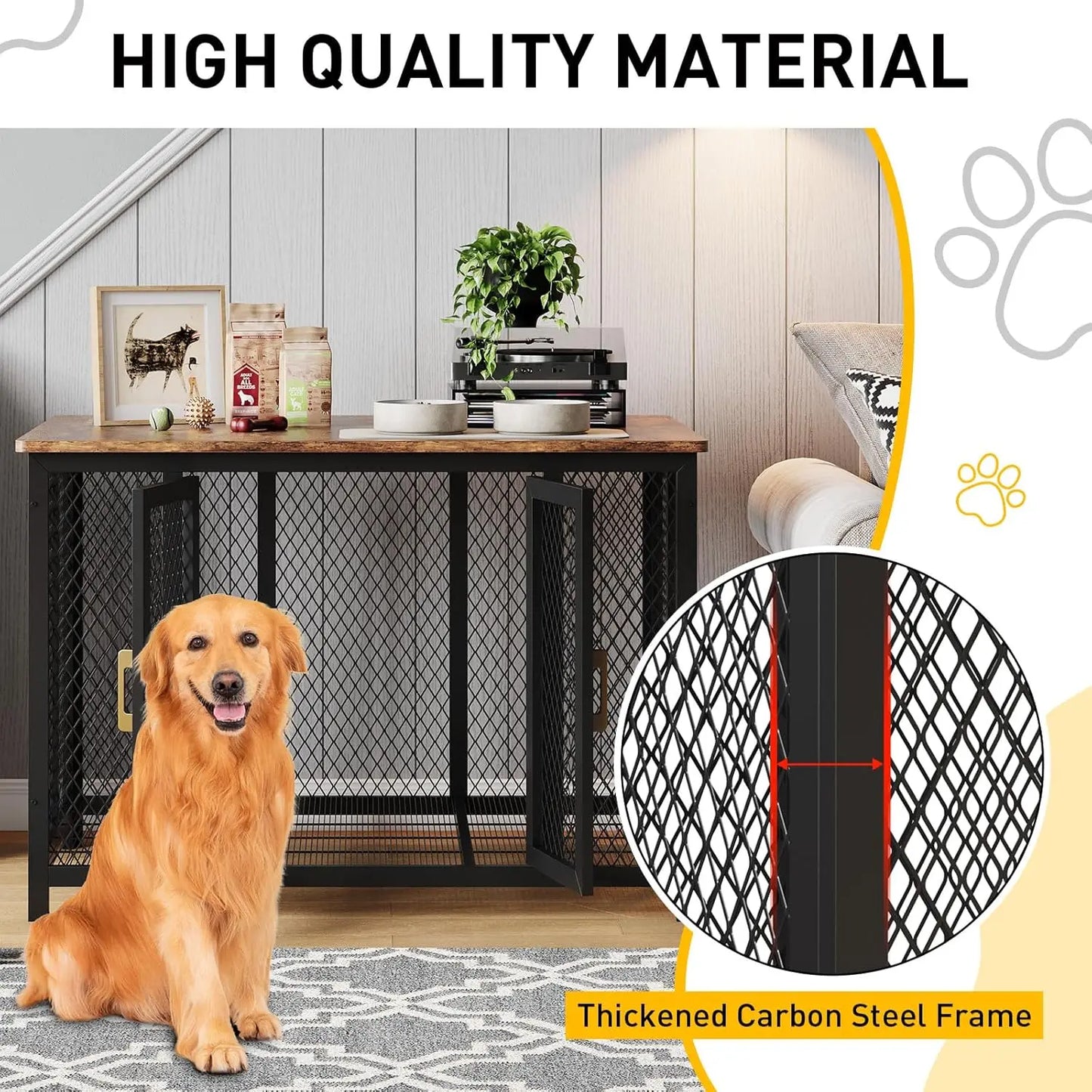 48" Flip Top Dog Crate Furniture Large Dog Kennel with 2 Doors Metal Dog Cage End Table Dog Furniture for Large Medium Small Dog