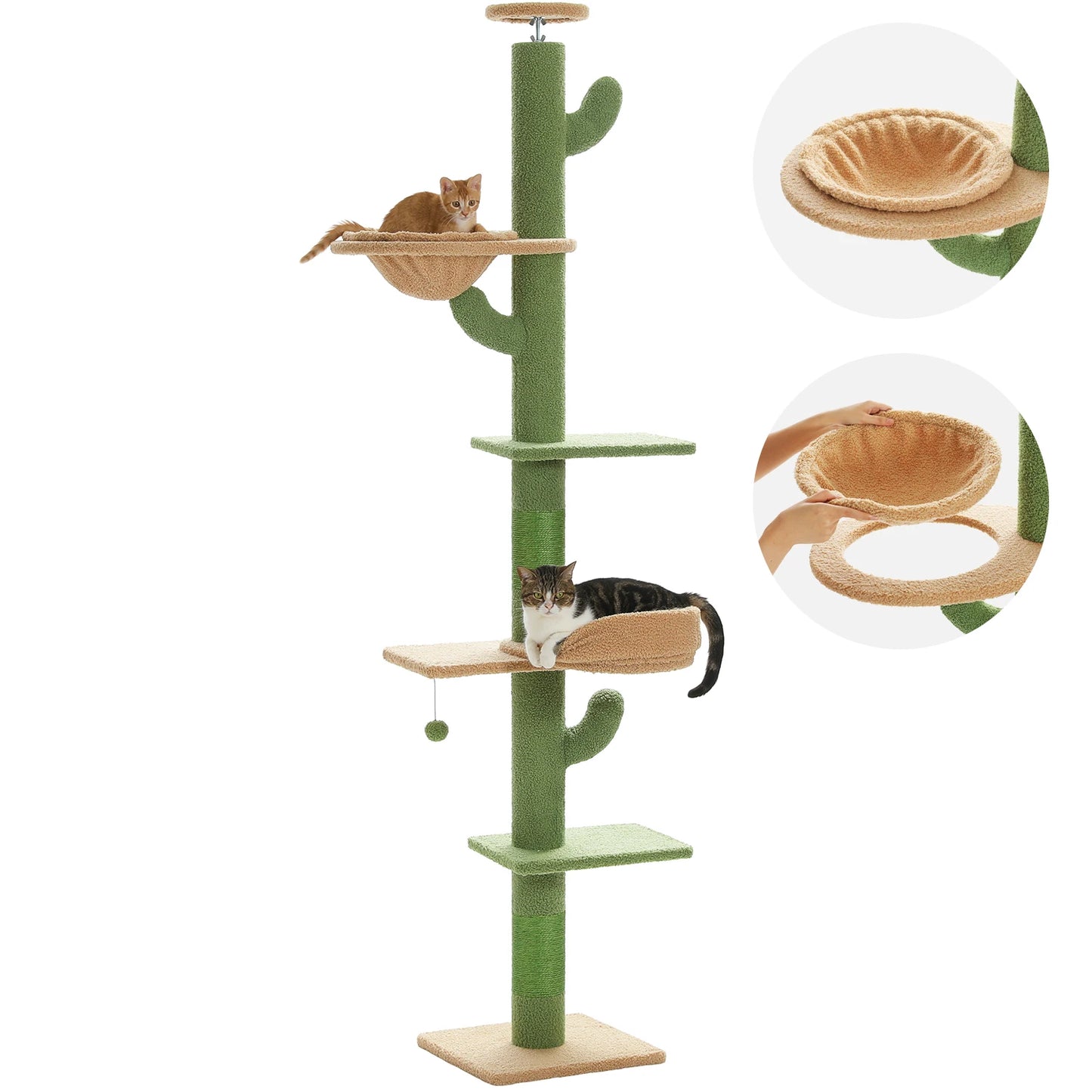 Adjustable Height Cactus Cat Tree for Indoor Cats Floor to Ceiling Cat Tower with Scratching Post Cozy Hammock Dangling Balls