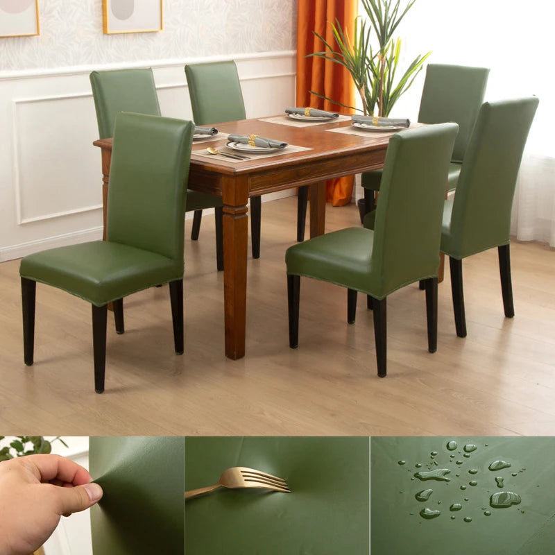 Dining Chair Covers,Solid Pu Leather Waterproof and Oilproof Stretch Dining Chair Protector Cover Slipcover