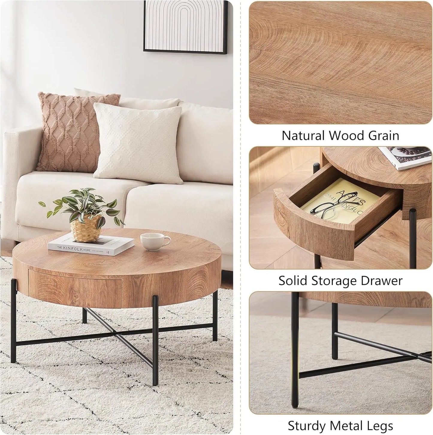 Round Coffee Table with Two Drawers Circle Center Table with Storage Farmhouse Coffee Table Living Room Wood Look Cocktail Table
