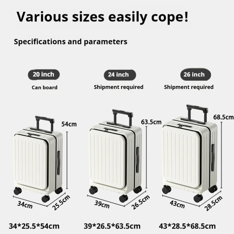 2025 New Large Capacity Luggage Suitcase Cup Holder USB Charging Men Women Girl Carry-On Boarding Luggage Travel 20/24/26 inch