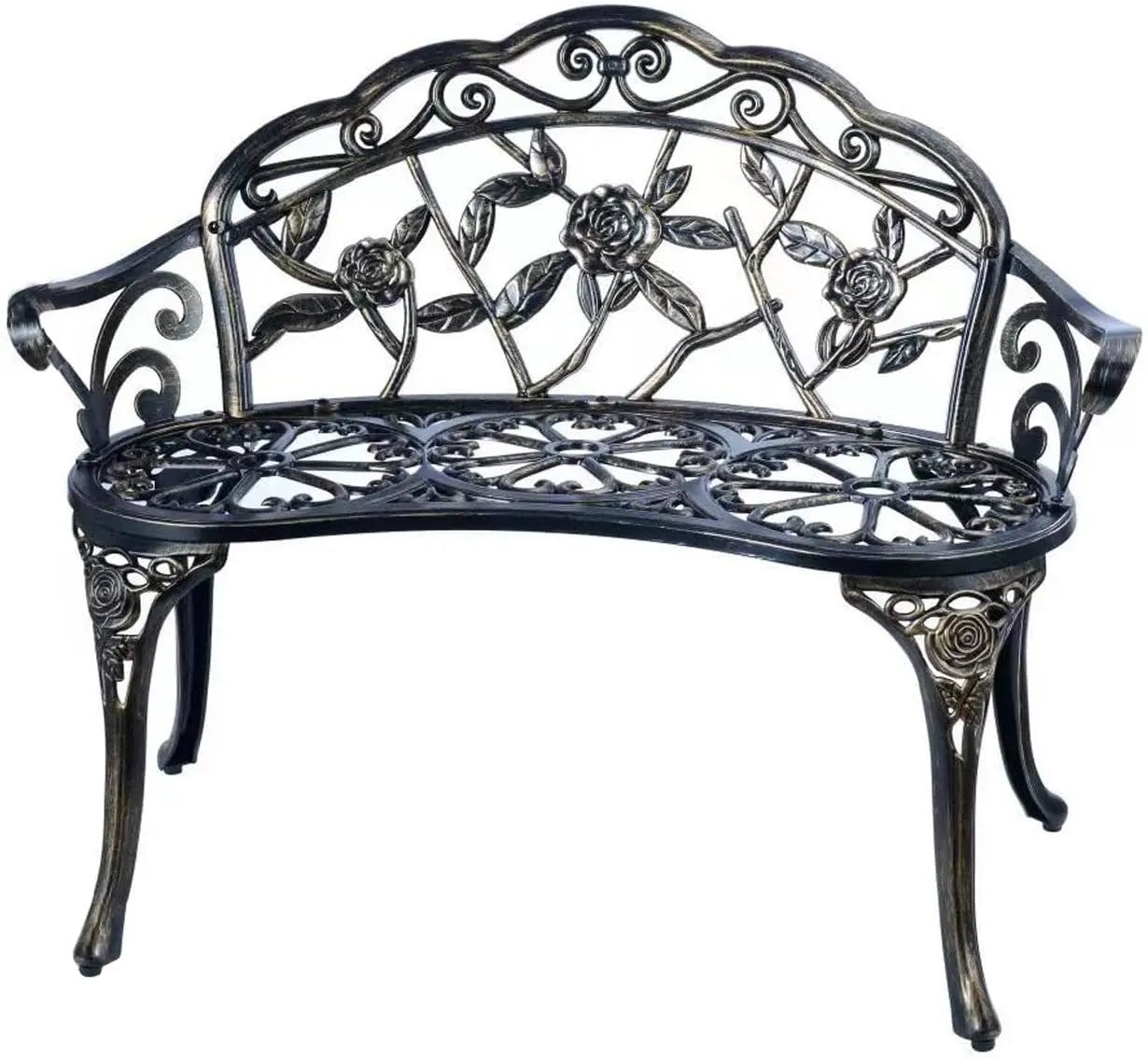JARDIN DE CENTENNIAL Patio Garden Bench Metal Park Bench Cast Aluminum Outdoor Furniture with Floral Rose for Patio,Park,Lawn,Ya