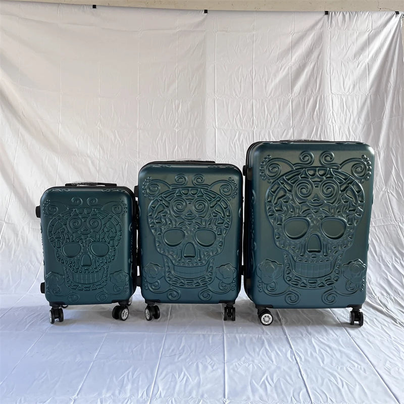 Large Expandable Skull Suitcase Set 3 Pieces Trolley Case Rolling Luggage Three Pieces With Wheels