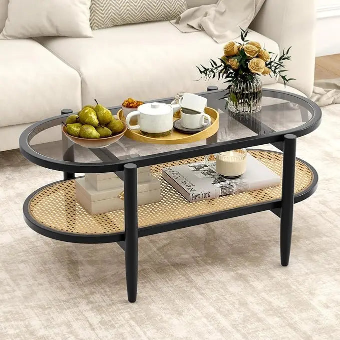 Rattan Coffee Table, 2-Tier Oval Acacia Wood Tea Table w/Tempered Glass Tabletop & PE Rattan Storage Shelf, Boho Cocktail Tables