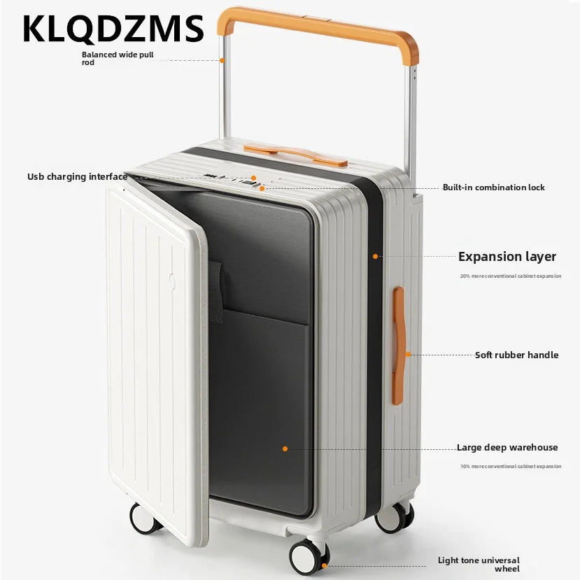 KLQDZMS Suitcase on Wheels 20"24"26 Inch Large Capacity Trolley Case Front Opening Laptop Boarding Case Women's PC Luggage