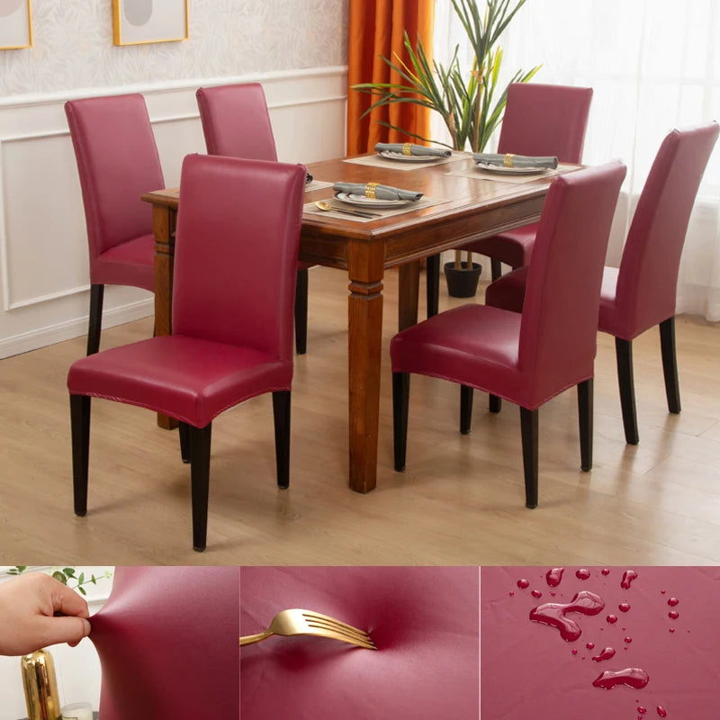 Dining Chair Covers,Solid Pu Leather Waterproof and Oilproof Stretch Dining Chair Protector Cover Slipcover