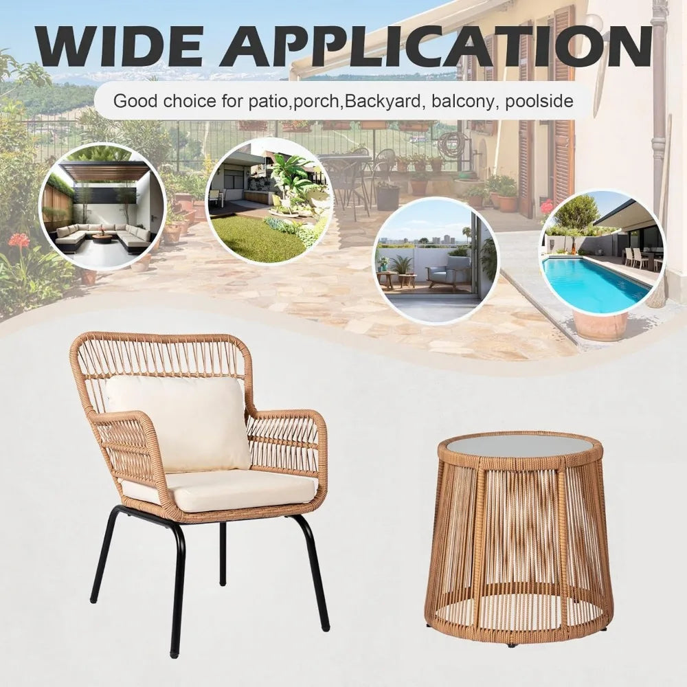 3 Piece Outdoor Wicker Furniture Bistro Set, Rattan Chairs Conversation Sets Porch Chair, Wicker Patio Furniture for Balcony Poo