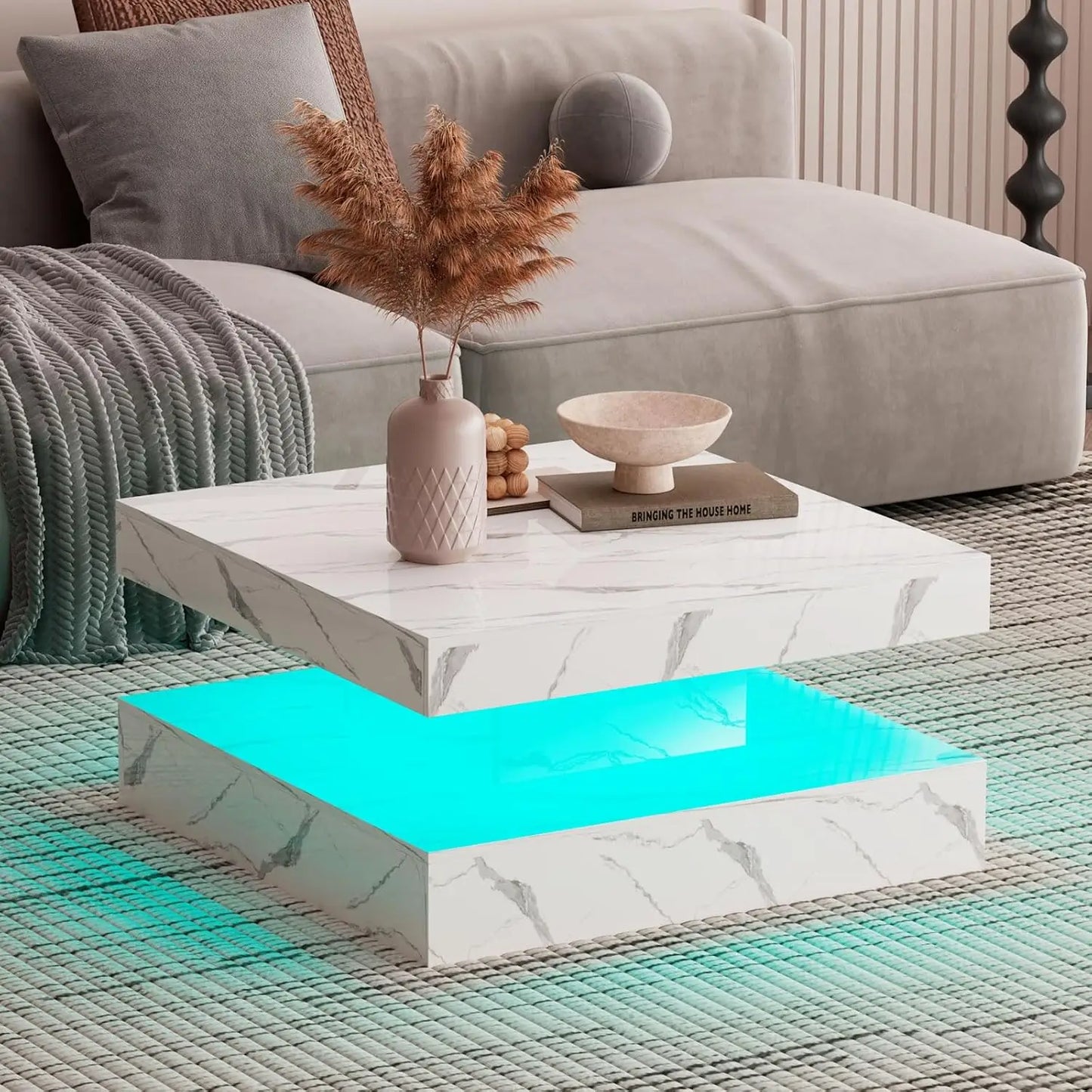 LED Coffee Table for Living Room, Living Room Table 2-Tier Square Middle Center Table, Modern Coffee Tables with Storage