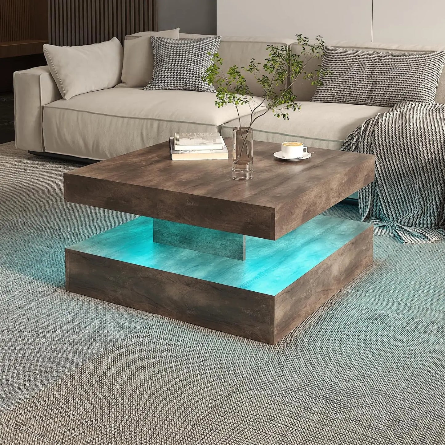 LED Coffee Table for Living Room, Living Room Table 2-Tier Square Middle Center Table, Modern Coffee Tables with Storage