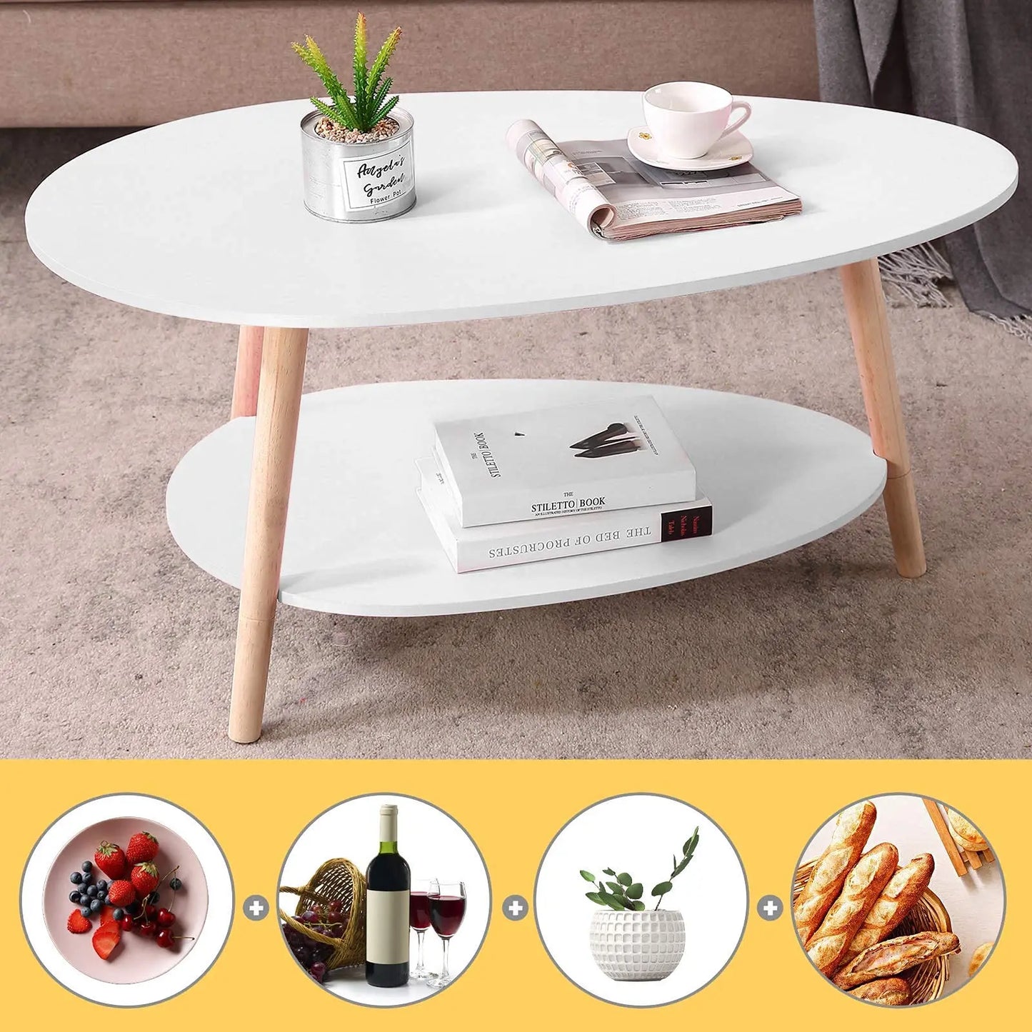 Vabches Coffee Table Oval Wood End Table with 2 Tier Open Storage Shelves White Modern Sofa Side Table for Living Room Furniture