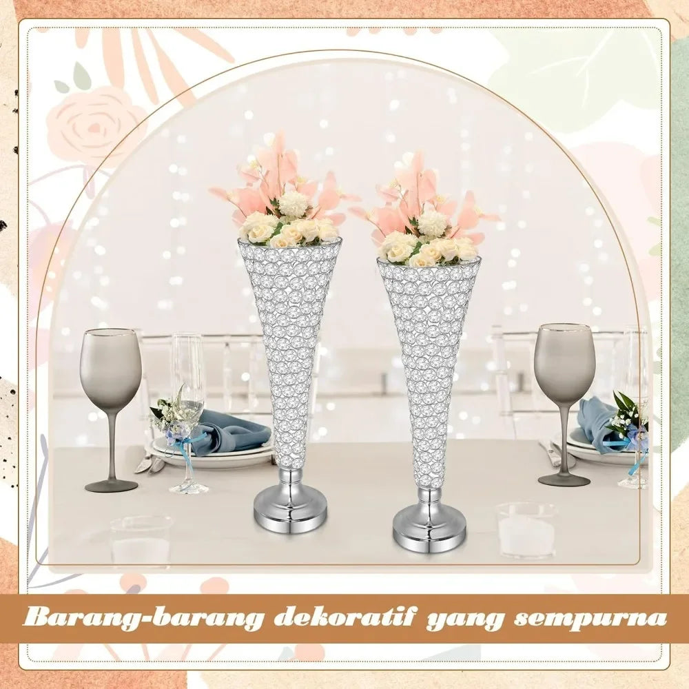 4 Pcs Crystal Trumpet Flower Vase 20 Inch Tall Wrought Iron Crystal Vase Flower Stand Centerpieces Wedding Table Decor for Home