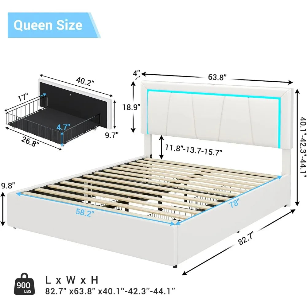 Queen Size Bed Frame with 4 Storage Drawers and LED Lights - Faux Leather Upholstered Platform Bed with USB Ports Adjustable LED