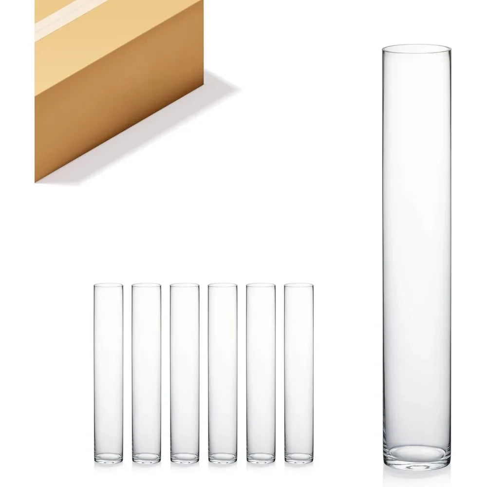 Highly transparent cylindrical glass vase, 4 inches wide x 24 inches high, featuring decorative floral tabletop displays
