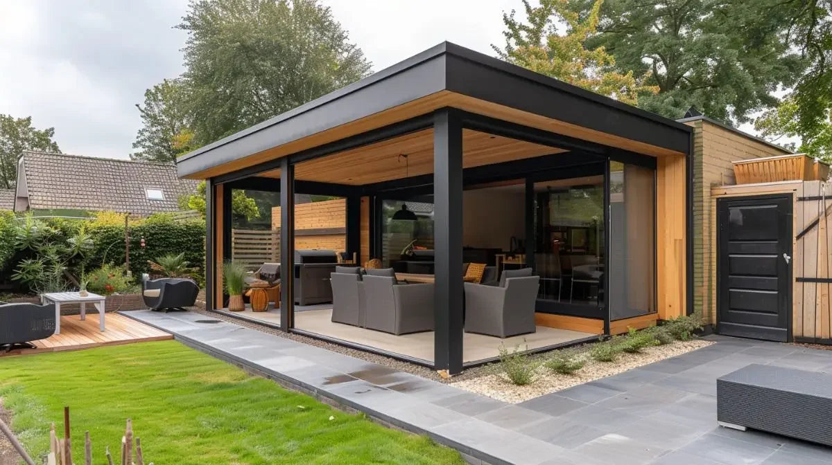 Waterproof Outdoor Pergola with Sliding Glass Door Garden Louvered Pergola for Living Room Outdoor Motorized Aluminum Gazebos