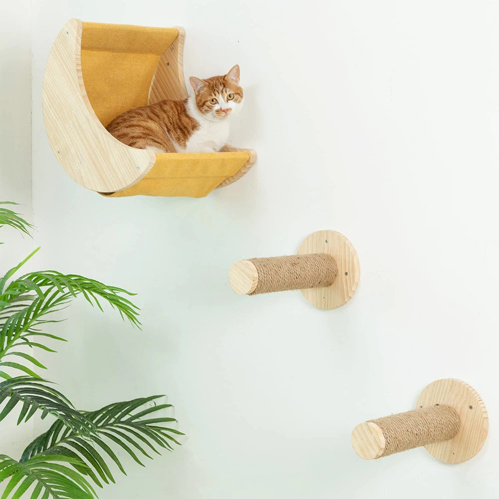 Cat Wall Climbing Shelf with 2 Scratching Posts Set Pet Wall Furniture Cat Bed Hiding House for Indoor Cats Sleeping Accessories