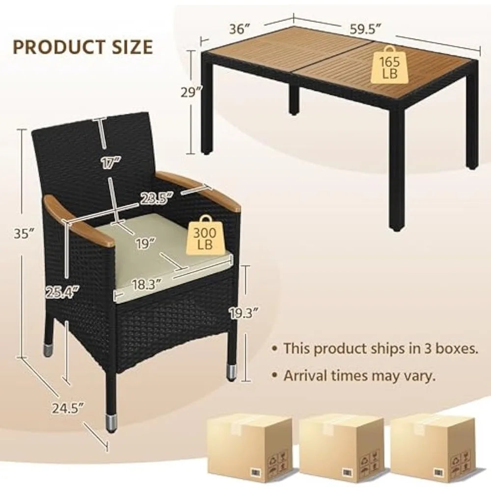 7 Piece Patio Furniture Set, Outdoor Dining Acacia Wood Table Top Rattan Conversation Set with Soft Cushions, 6 Chairs & 1 Tabl