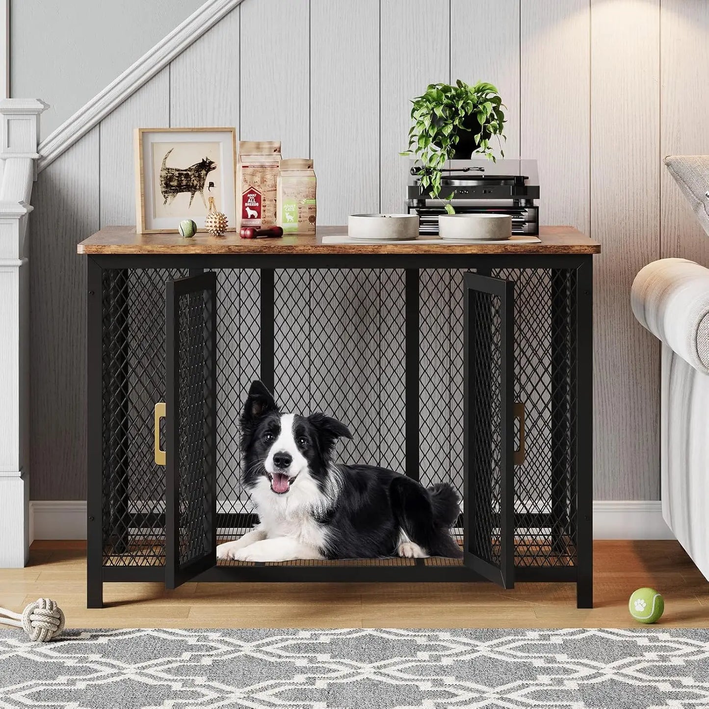 48" Flip Top Dog Crate Furniture Large Dog Kennel with 2 Doors Metal Dog Cage End Table Dog Furniture for Large Medium Small Dog