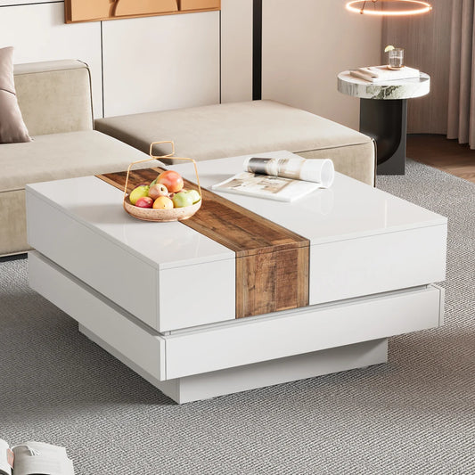 31.4'' x 31.4'' Square Coffee Table with Sliding Tabletop,High Gloss Center Table with Hidden Storage Compartment,Cocktail Table
