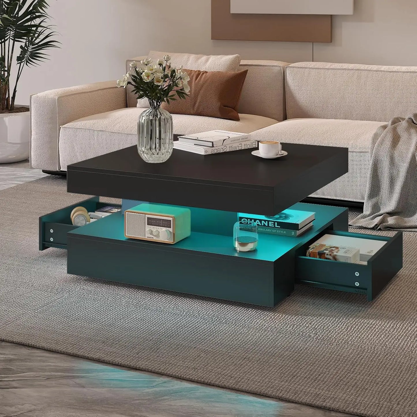 LED Coffee Table for Living Room, Living Room Table 2-Tier Square Middle Center Table, Modern Coffee Tables with Storage