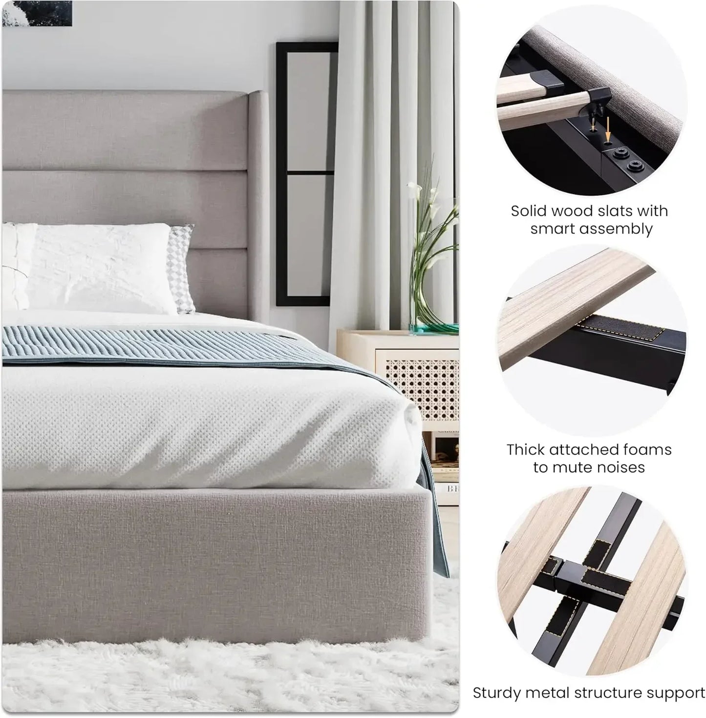 SHA CERLIN King Size Lift-Up Storage Bed: Modern Wingback Headboard, Upholstered Platform Frame, Hydraulic Storage, Light Beige