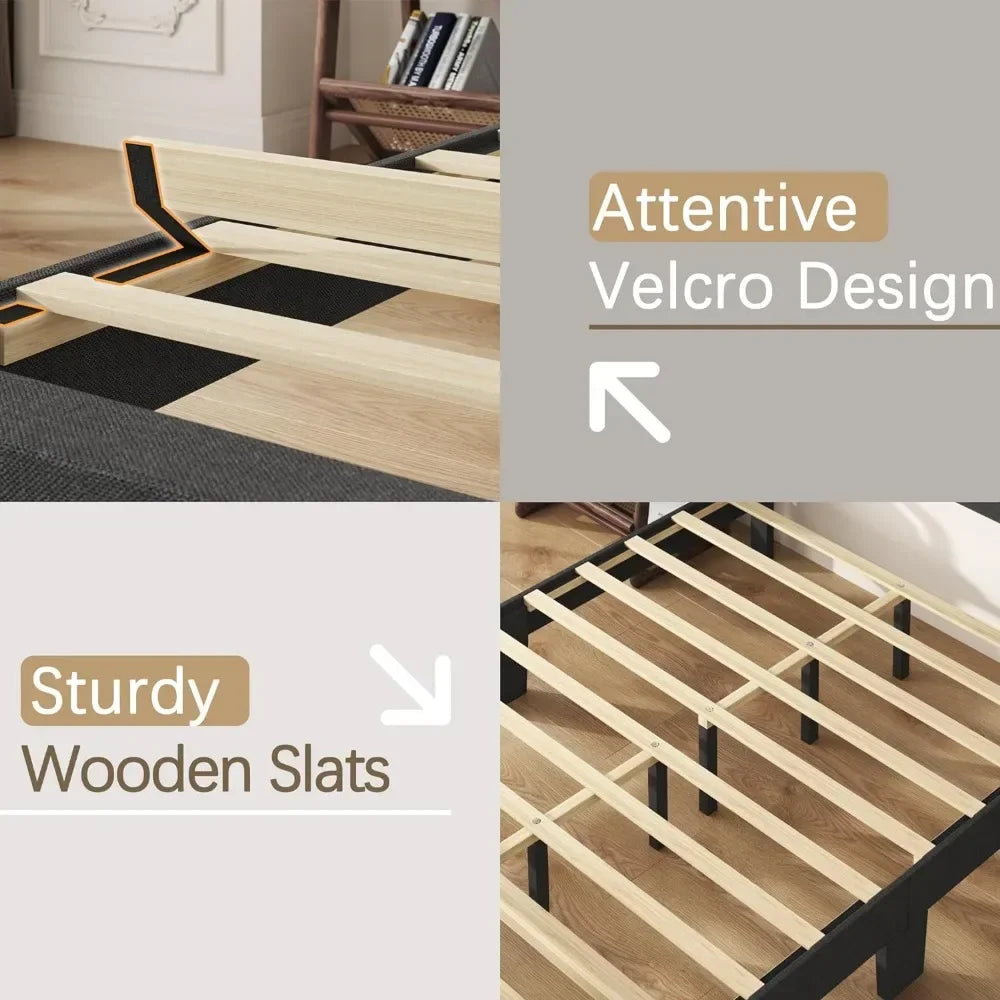 'Bed Frame Upholstered Queen Bed Frame Platform with Headboard Linen Fabric Headboard Wooden Slats Support