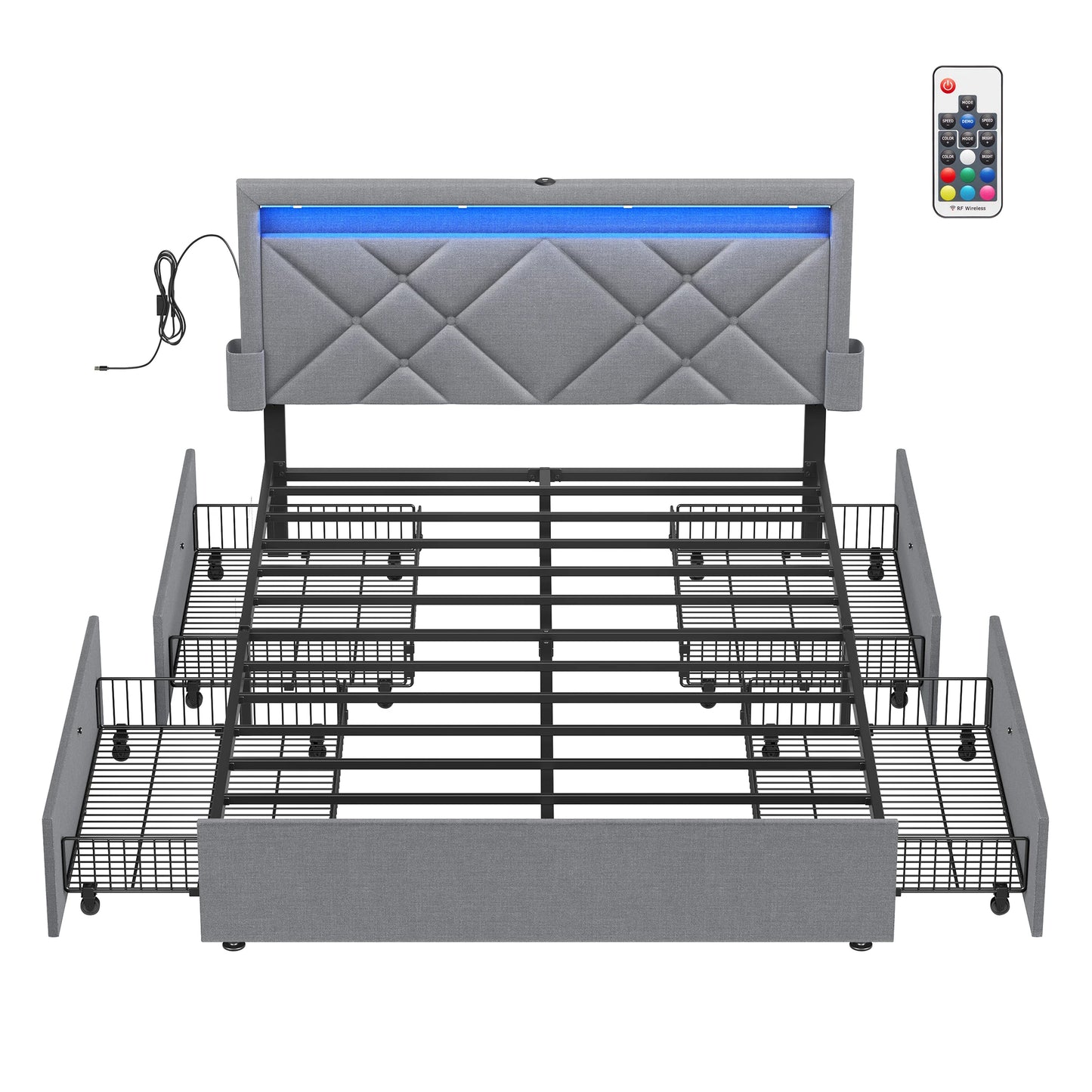 VASAGLE Upholstery bed double bed frame bed frame Metal bed (LED, 4 drawers, charging station