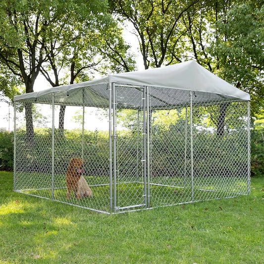 Outdoor Large Dog Kennel, Heavy Duty Dog cage, Galvanized Steel Dog Fence, with UV Resistant Waterproof Cover and Safety Lock