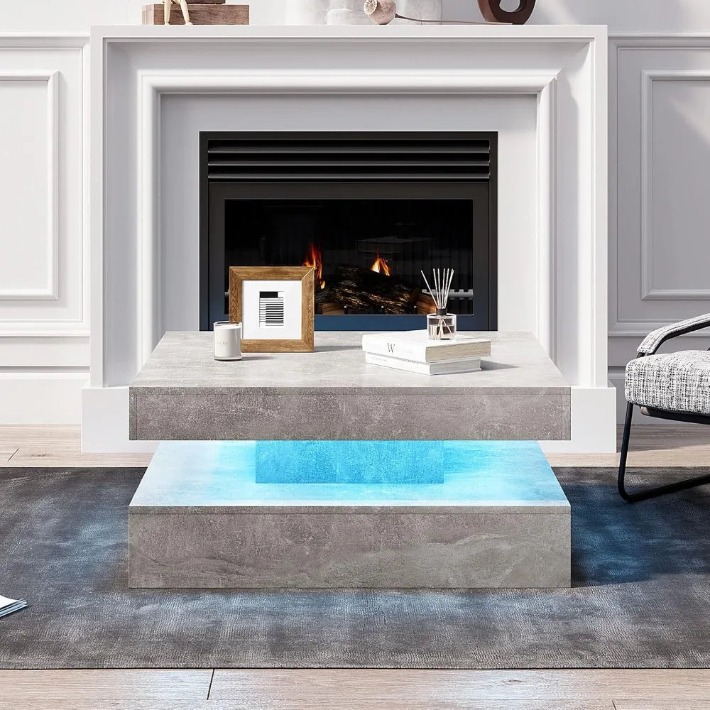 LED Coffee Table for Living Room, Living Room Table 2-Tier Square Middle Center Table, Modern Coffee Tables with Storage