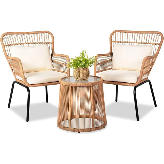 3 Piece Outdoor Wicker Furniture Bistro Set, Rattan Chairs Conversation Sets Porch Chair, Wicker Patio Furniture for Balcony Poo
