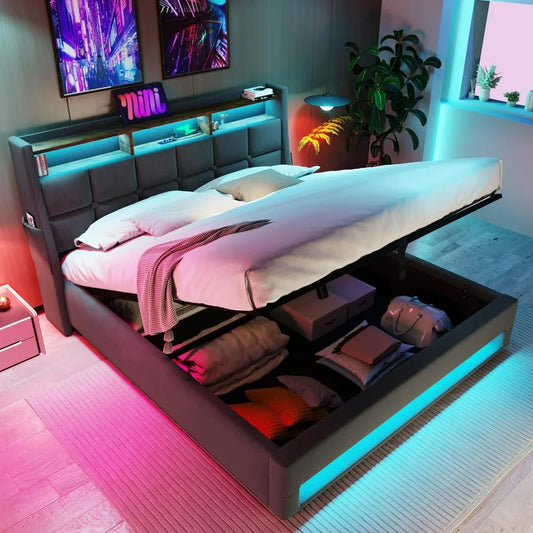 Bed Frame Queen Size with Hydraulic Storage System, Upholstered Platform Bed with Storage Headboard, LED and USB Charging, bed