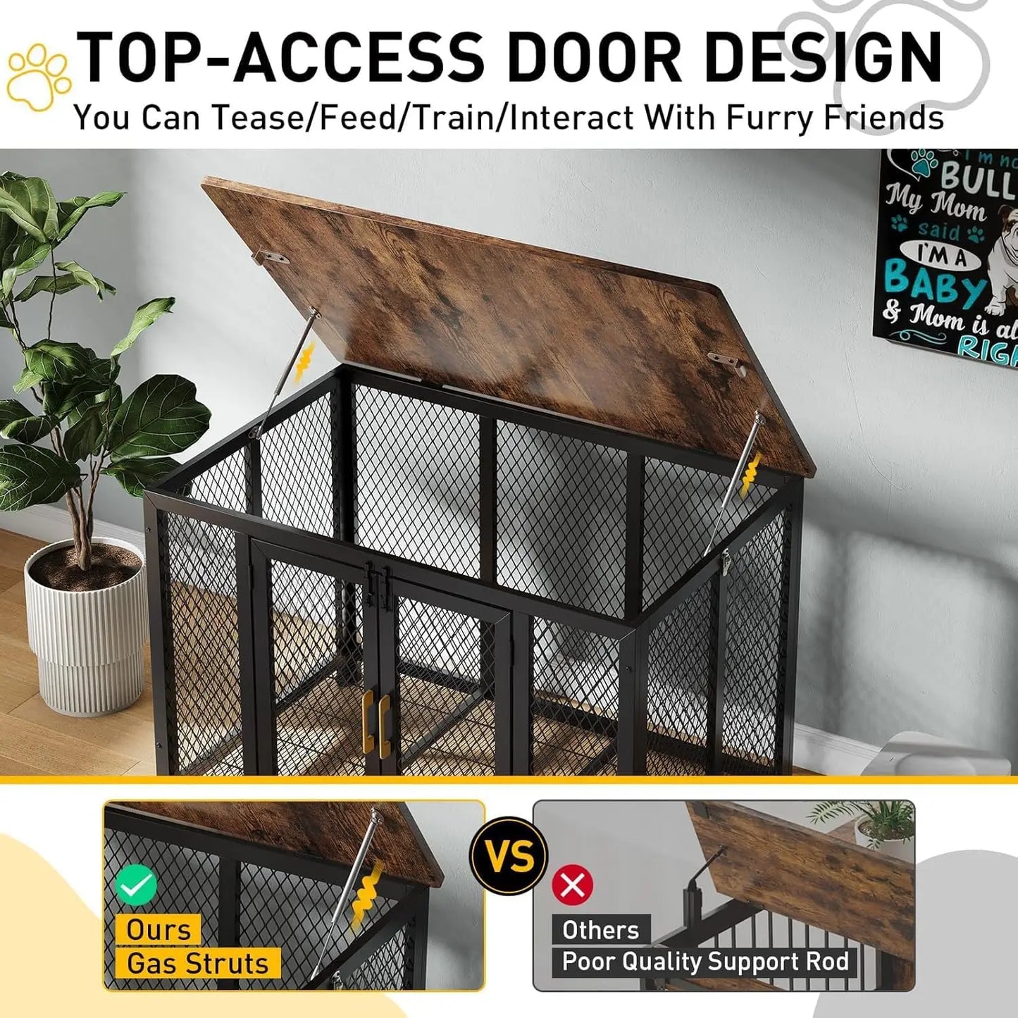 48" Flip Top Dog Crate Furniture Large Dog Kennel with 2 Doors Metal Dog Cage End Table Dog Furniture for Large Medium Small Dog