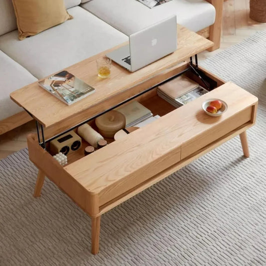100% Solid Oak Lift Top Coffee Table, Wood Coffee Table with Hidden Compartment and Drawers - Coffee Tables