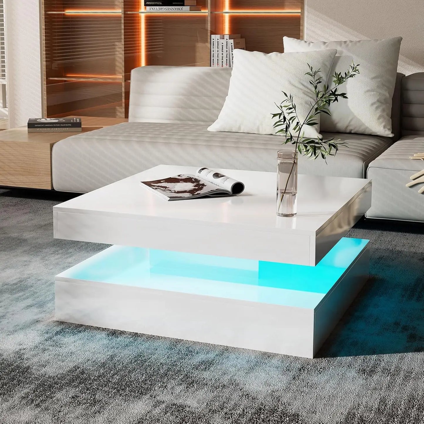 LED Coffee Table for Living Room, Living Room Table 2-Tier Square Middle Center Table, Modern Coffee Tables with Storage