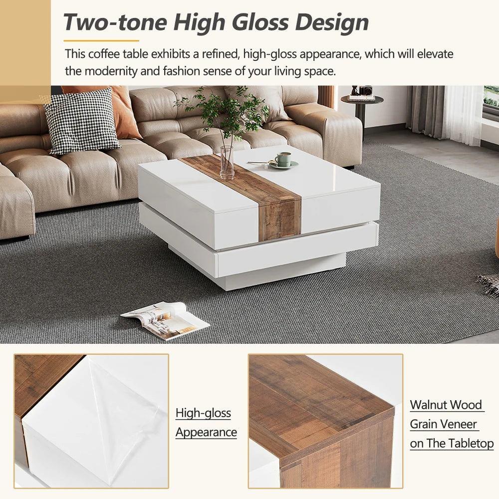31.4'' x 31.4'' Square Coffee Table with Sliding Tabletop,High Gloss Center Table with Hidden Storage Compartment,Cocktail Table
