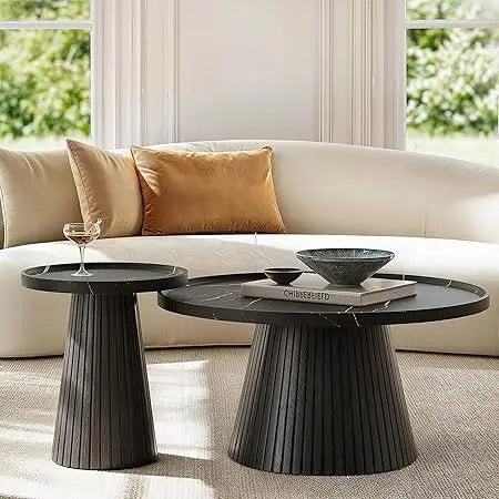Nesting Coffee Table Set of 2, Mid Century Modern Coffee Table with Marble Veneer, Fluted Round Tea Table and End Table Set, Mi