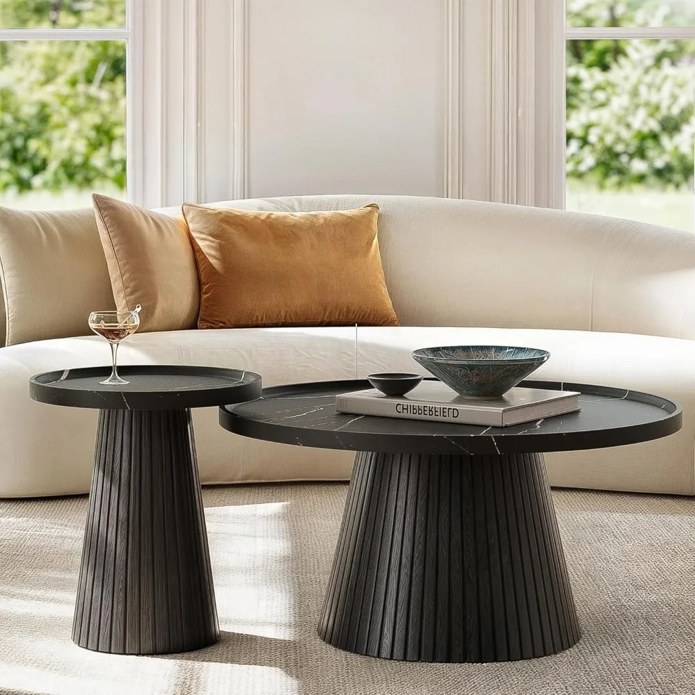 Nesting Coffee Table Set of 2, Mid Century Modern Coffee Table with Marble Veneer, Fluted Round Tea Table and End Table Set, Mi