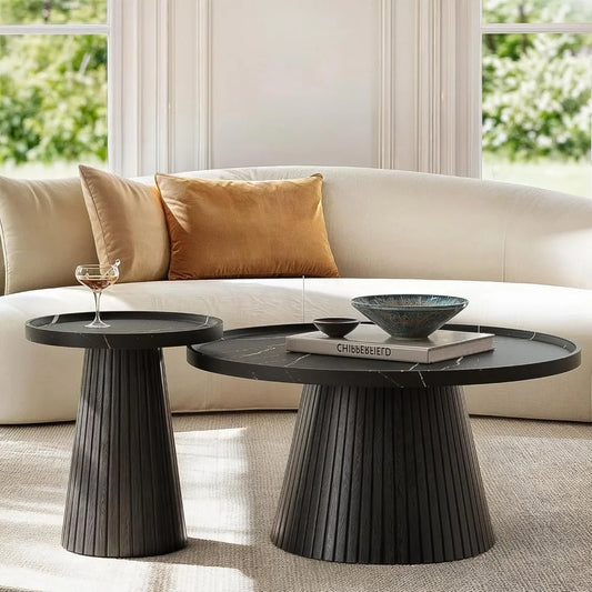 Nesting Coffee Table Set of 2, Mid Century Modern Coffee Table with Marble Veneer, Fluted Round Tea Table and End Table Set, Mi