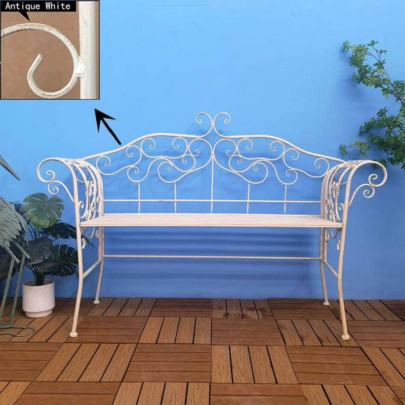 Vintage Metal Wrought Iron Foldable Slat Design Patio Bench Double Seater Outdoor Garden Bench