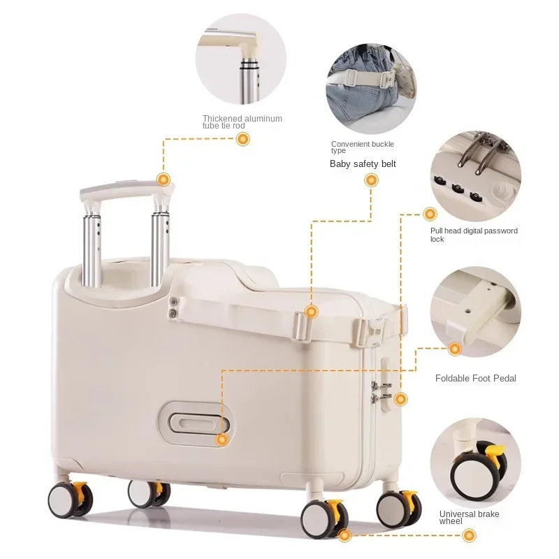 2025 New Children's Luggage Can Sit and Ride Suitcase Trip Cabin Carry-on Wooden Horse Trolley Case Brake Wheels Kids Suitcases