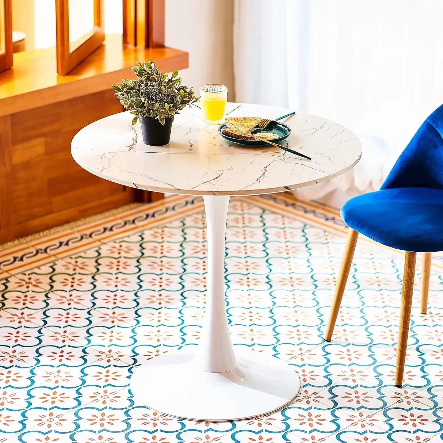 32 Inch |Round Dining Table with Faux Marble Top for Kitchen Bar Patio and More| Modern Small Coffee Table Living Room Accent