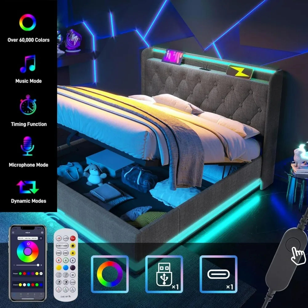 Lift Up Storage Bed Frame with 360 Surround LED Lights, Buttons, Apps or Remote Control, Upholstered Headboard Platform, Bed